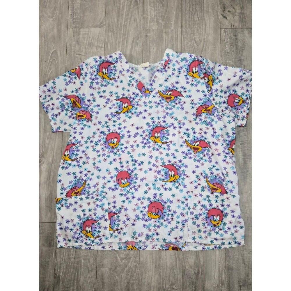 Road Runner Floral Scrub Top with Pink Character Print 2XL Y2k 90s Cartoon